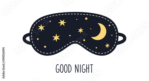 Comfortable sleep mask with a crescent moon and stars pattern accompanied by a stylized good night greeting text.