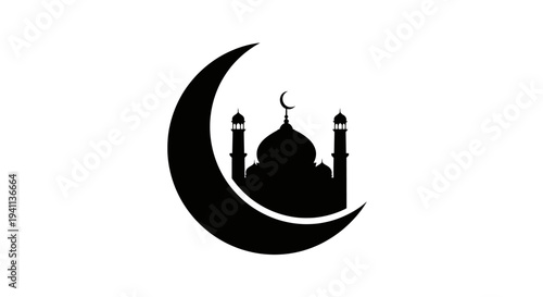 Black mosque silhouette on crescent moon vector icon