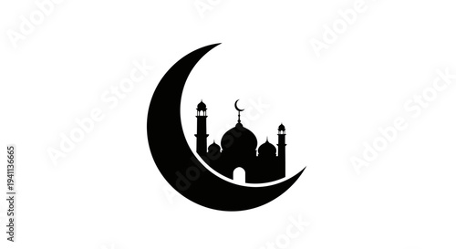 Vector mosque silhouette on crescent moon icon
