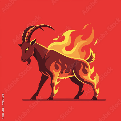 Fire goat illustration with flames and vibrant colors on red background. Fire goat symbol represents power and energy while showcasing strong visual appeal in artwork.