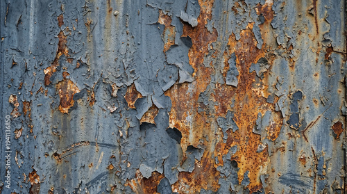 Rough distressed industrial paint texture background with peeling layers of blue gray and rust, urban authentic surface ideal for creative brand alternative company or grungy editorial design