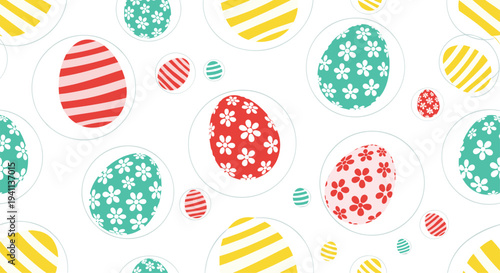 Festive seamless pattern with colorful Easter eggs decorated with stripes and floral motifs inside white circle frames.