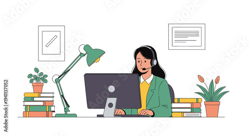 Friendly female call center agent with a headset working on her computer at a tidy desk with books and indoor plants.