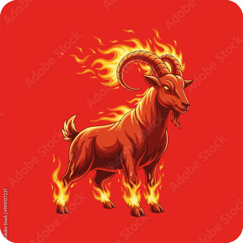 Fiery goat illustration representing year of the fire goat with vibrant flames on a striking red background. The fire goat stands boldly with flames licking its legs and horns,