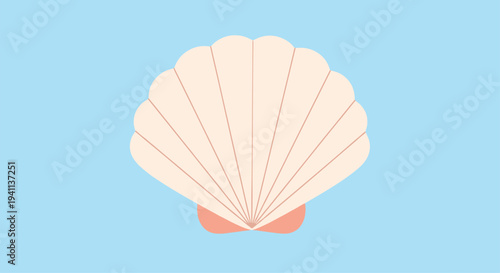 Simple and clean flat illustration of a pink scallop seashell isolated on a light blue background for summer theme.