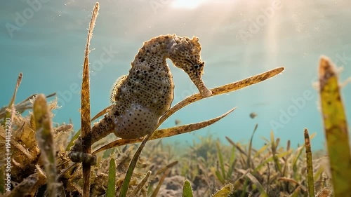 Underwater Seahorse Swimming Near Seaweed.
