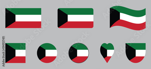 Kuwait Flag Icon Set Circle, Heart, Shield, and Square National Symbols Vector