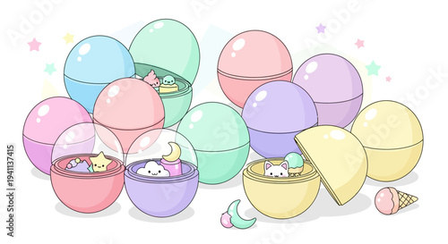 Cute Kawaii Gachapon Capsules with Adorable Animals and Toys