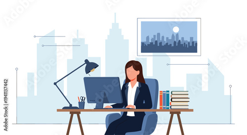 Professional woman working on her desktop computer in a modern office with a city silhouette visible through the window.