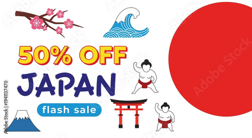 Japan Flash Sale Banner with Traditional Icons and 50% Off Travel Discount