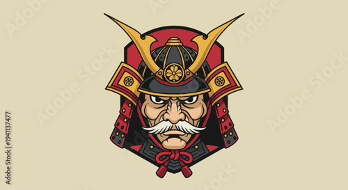 Japanese Samurai Warrior Helmet Emblem, Traditional Warrior Face, Bushido Culture Icon