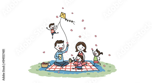Happy family picnic flying kite in park with falling petals, cartoon style