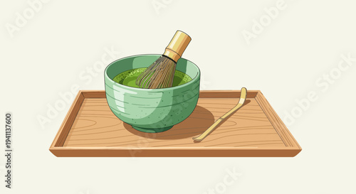 Traditional Japanese Matcha Green Tea Preparation with Bamboo Whisk and Bowl