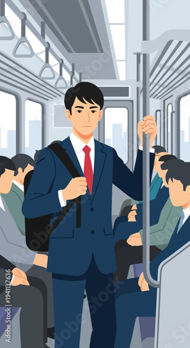 Young businessman commuting on crowded subway train, holding onto pole