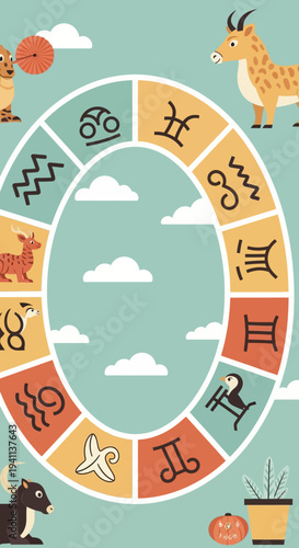 Zodiac wheel with animals and astrological symbols on a cloudy sky background