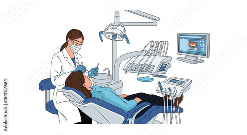 Professional dentist in protective gear performing a procedure on a patient in a modern dental office with equipment.