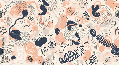 Abstract seamless pattern featuring organic shapes lines spirals and dots in a warm palette of peach cream and dark navy blue tones for decor.