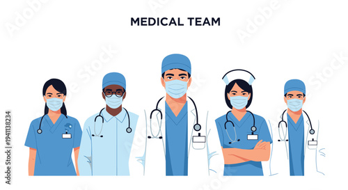 Professional medical team illustration showing doctors and nurses of different ethnicities wearing scrubs lab coats and protective face masks.