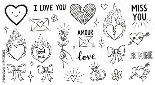 A romantic illustration of love symbols and words in a graphic design