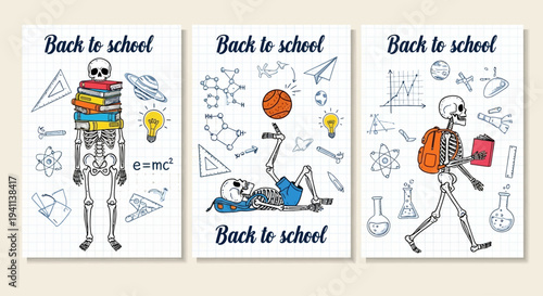Three skeleton illustrations for back to school posters with educational symbols
