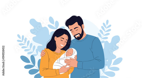 Heartwarming illustration of a happy mother and father holding their newborn baby wrapped in a blanket surrounded by soft blue leafy patterns.