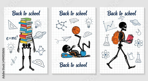 Three cartoon skeletons engaged in back to school activities with books and sports equipment