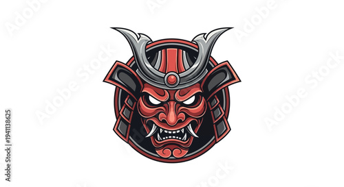 Fierce Samurai Mask Illustration - Japanese Warrior Helmet Emblem