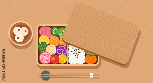 Healthy Bento Box Lunch with Rice and Colorful Vegetables, Chopsticks, and Side Dish