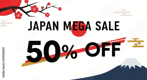 Japan Mega Sale 50% Off Discount Banner with Mount Fuji and Cherry Blossoms
