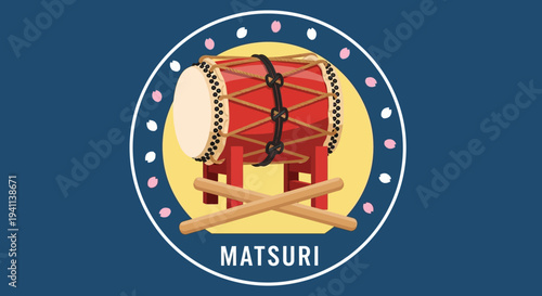 Japanese Taiko Drum Festival Icon with Sticks and 'Matsuri' Text