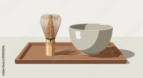 Matcha Tea Ceremony Set: Whisk (Chasen) and Bowl (Chawan) on Wooden Tray