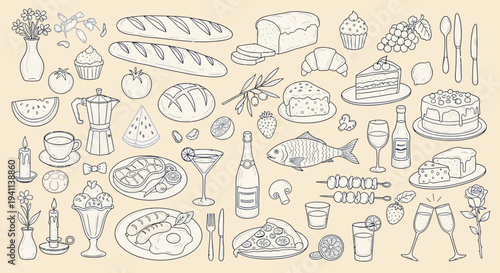 A variety of food and drink items are arranged on a table in a restaurant setting with wine glasses and bottles.