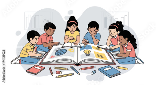 Children learning together from a large open book.