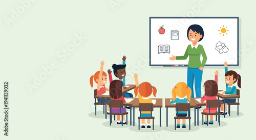 Children learning in a classroom with teacher and whiteboard.