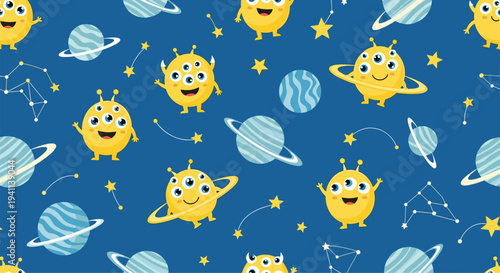 Fun seamless pattern of yellow three-eyed aliens and planets in space with stars and constellations against a dark blue cosmic background theme.