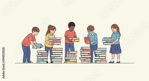 Children organizing and stacking books together.