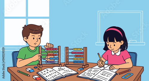 Children learning math with abacus and books.