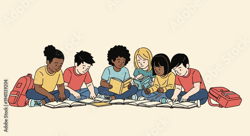 Diverse group of children reading books together outdoors.