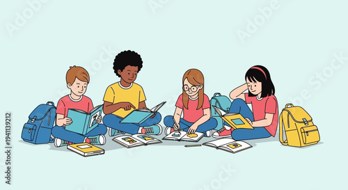 Diverse group of children reading books together.