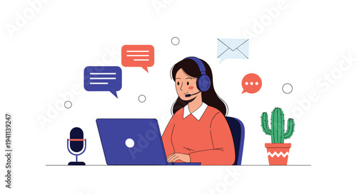 Customer service representative woman wearing a headset and working on a laptop with communication icons and a cactus plant nearby.