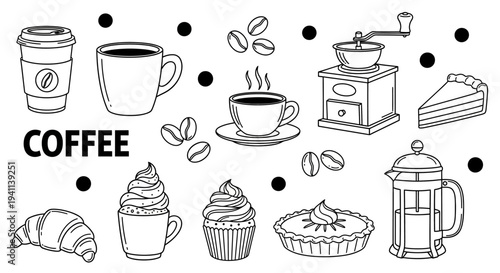 A warm coffee scene with various coffee drinks and baked goods on a table indoors