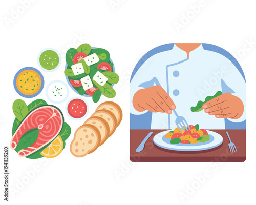 Chef preparing healthy meal with fresh salmon salad bread and dipping sauces illustration