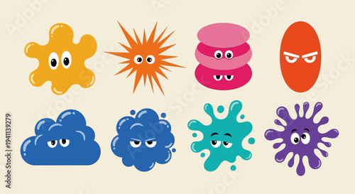 Vibrant cartoon characters with distinct facial expressions are displayed on a plain surface