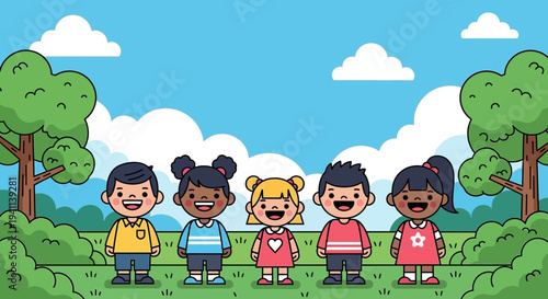 Diverse group of happy cartoon children standing together outdoors 3.