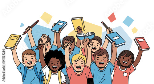 Diverse group of happy children holding books and pens.