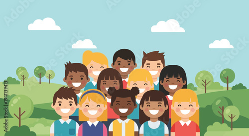 Diverse Group of Happy Children Smiling Together Outdoors.