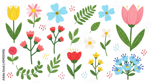 A vibrant arrangement of various flowers including tulips, daisies, and lilies in full bloom