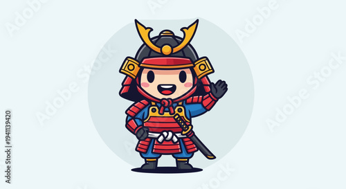 Cute Chibi Samurai Warrior Waving Hand, Japanese Warrior Cartoon Character