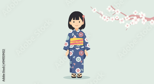 Cute Japanese Girl in Kimono with Cherry Blossoms