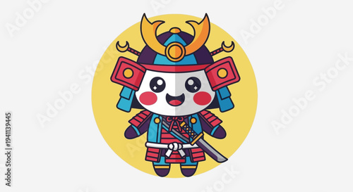 Cute Kawaii Samurai Panda Character with Katana Sword on Yellow Circle Background